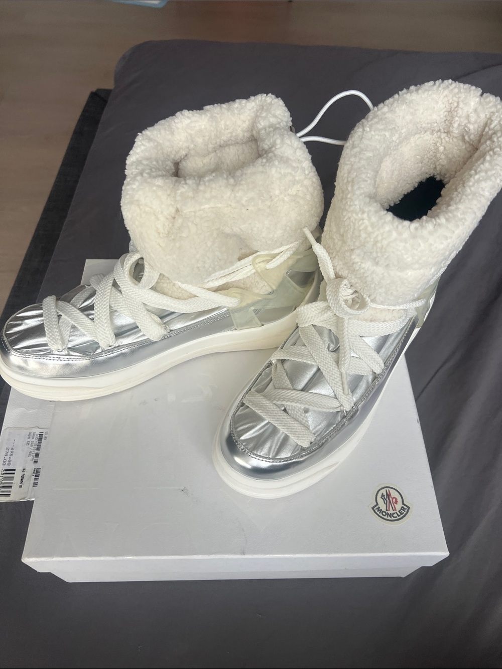Moncler Metallic Silver Sherpa-Trim Lace-Up Winter Boots